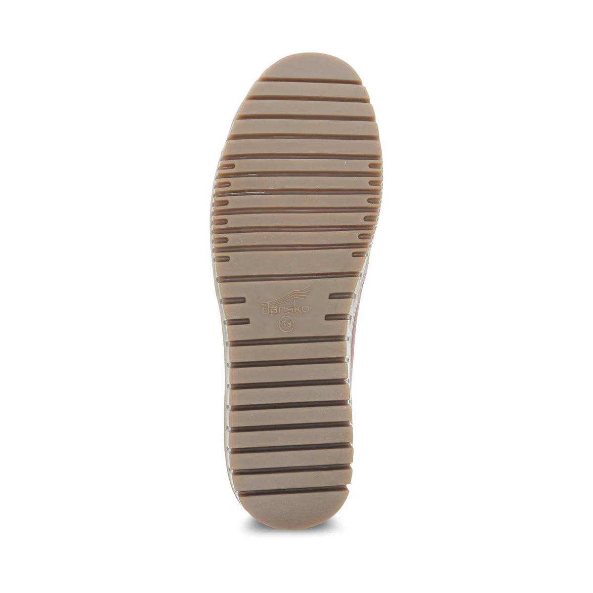 A close-up image of the sole of a shoe, displaying a light brown color with horizontal tread patterns and branded with a small logo, featuring Dansko Natural Arch support on the DANSKO LINLEY RED BURNISHED - WOMENS.