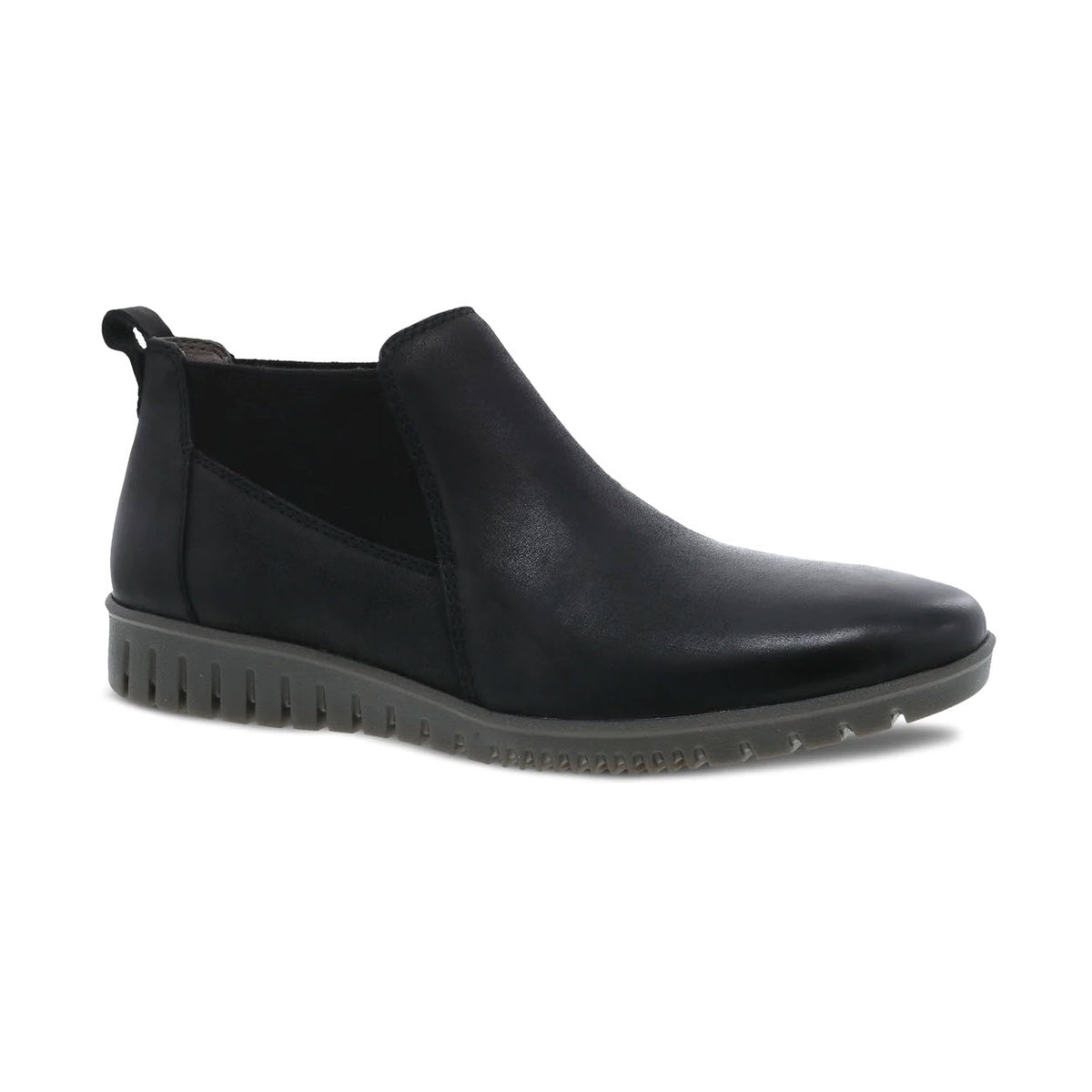 Black leather low-top bootie with a pull tab and a ridged rubber sole, displayed on a white background, the Dansko Louise Black Burnished - Womens.