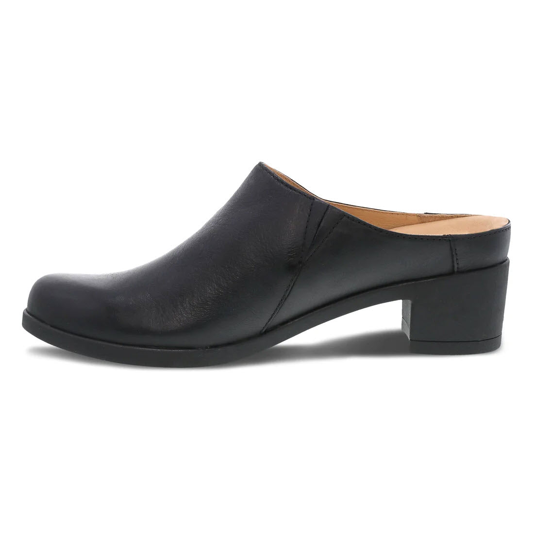 Dansko Carrie Black Burnished backless mule with a low block heel and rounded toe, displayed on a white background.
