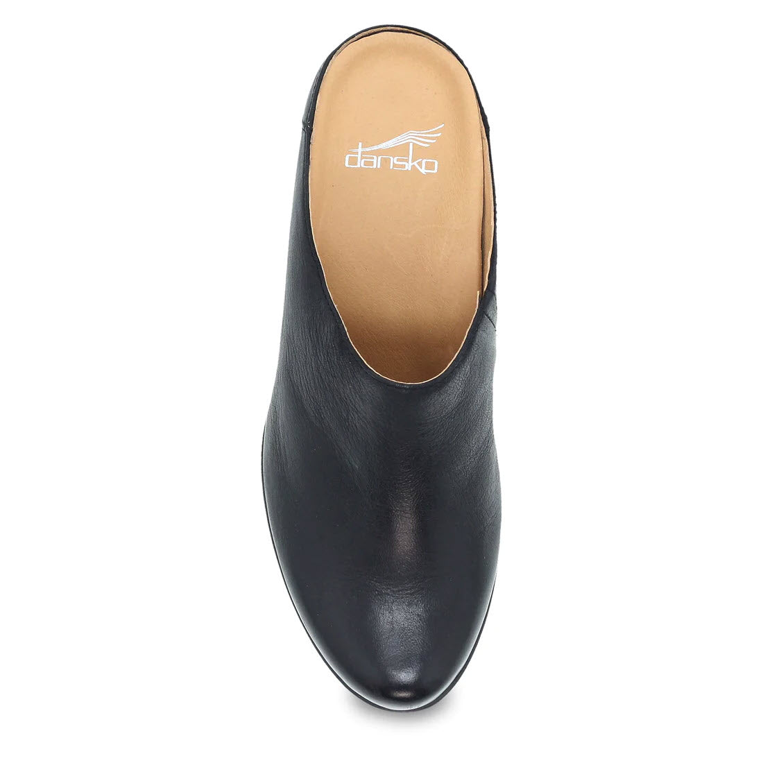 Top view of a single black leather Dansko Carrie backless mule with a rounded toe and visible brand name on the insole.