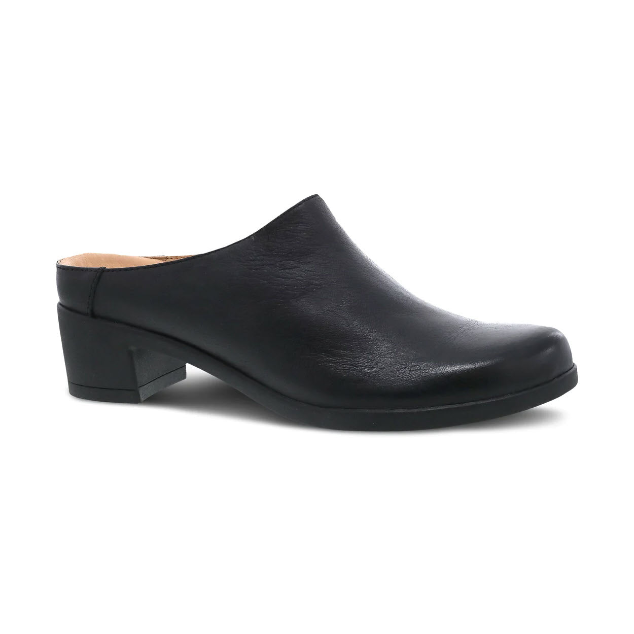 A single Dansko Carrie Black Burnished backless mule shoe with a low heel, displayed against a white background.