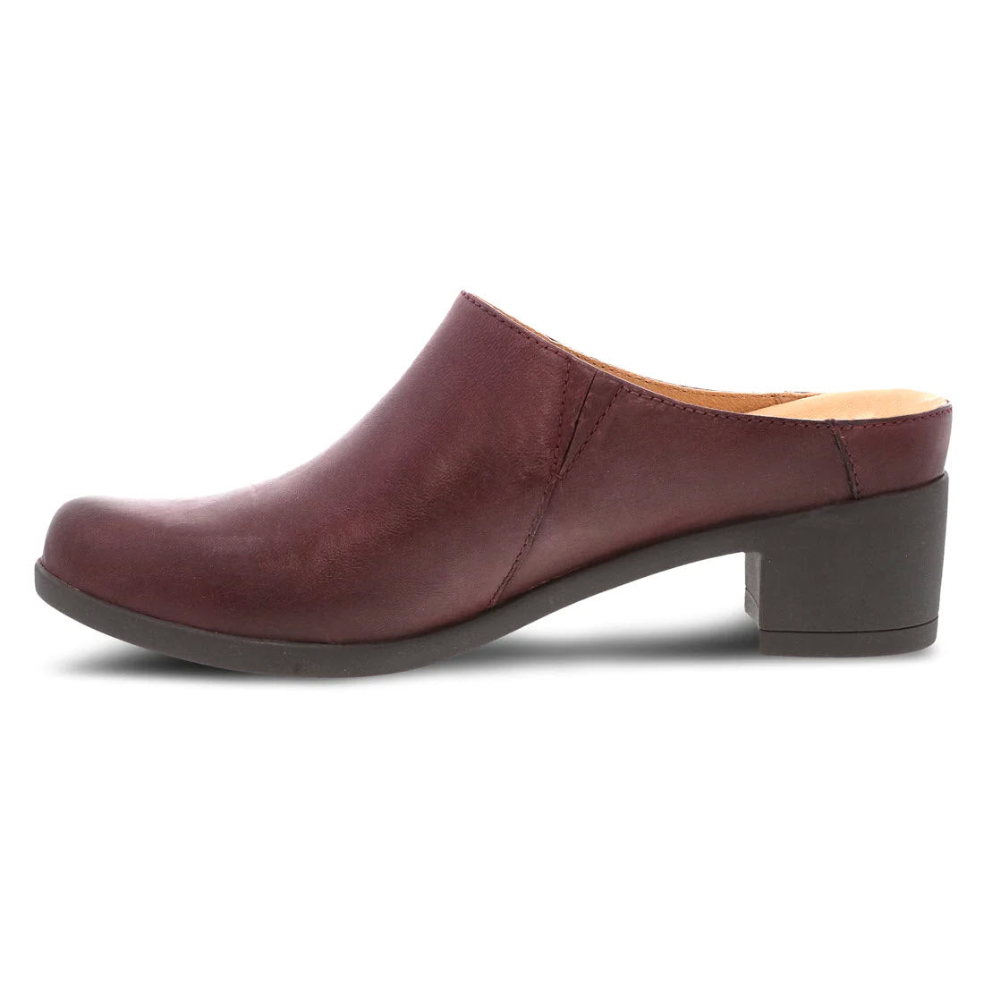 A single DANSKO CARRIE WINE BURNISHED - WOMENS leather backless mule with a low heel, isolated on a white background.
