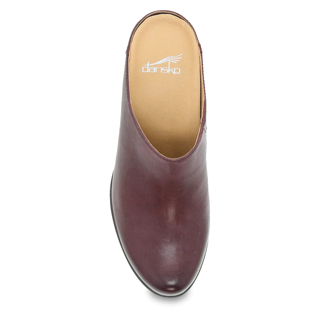 Top view of a burgundy Dansko Carrie Wine Burnished backless mule leather shoe on a white background.