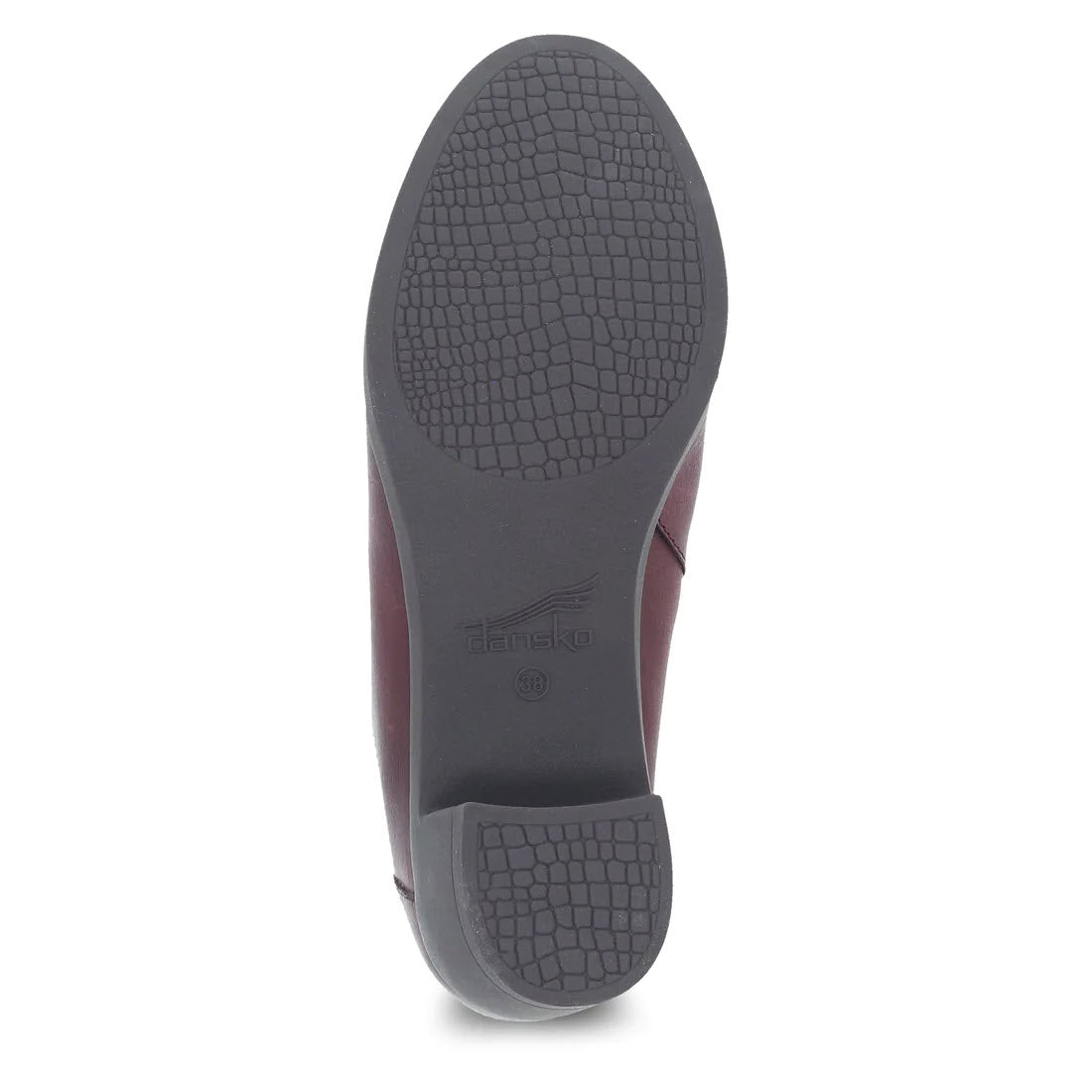 Bottom view of a Dansko Carrie Wine Burnished shoe featuring the tread pattern, logo on the sole, and highlighting the Dansko Natural Arch® technology.
