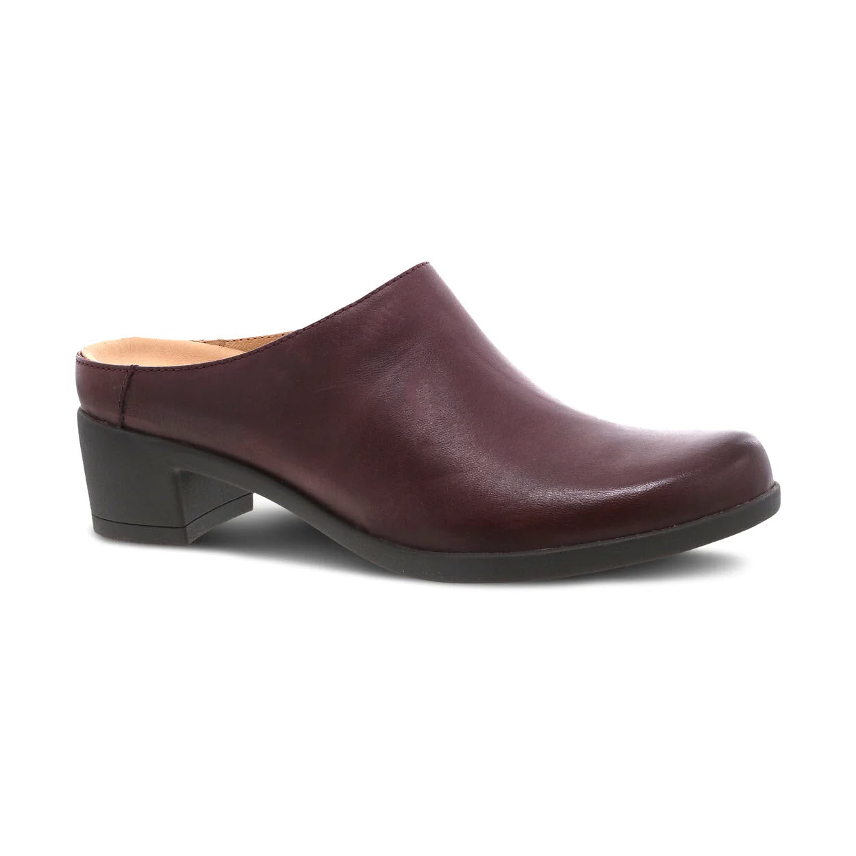 A single Dansko Carrie wine burnished leather backless mule with a low heel and a rounded toe, isolated on a white background.