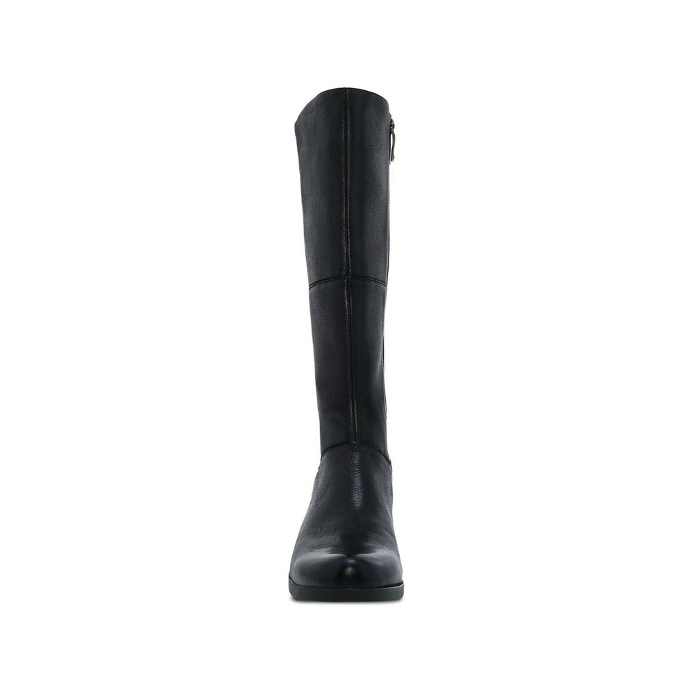 Side view of a single Dansko Celestine Black Burnished - Womens tall shaft black leather riding boot with a zipper closure.