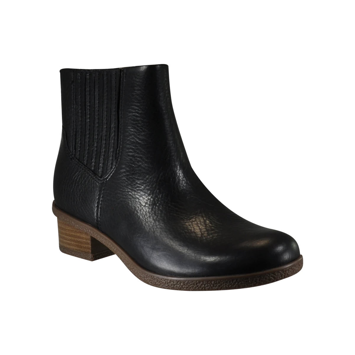 Dansko Daisie Black waterproof Chelsea boot with elastic side panels and a low, stacked heel on a white background.