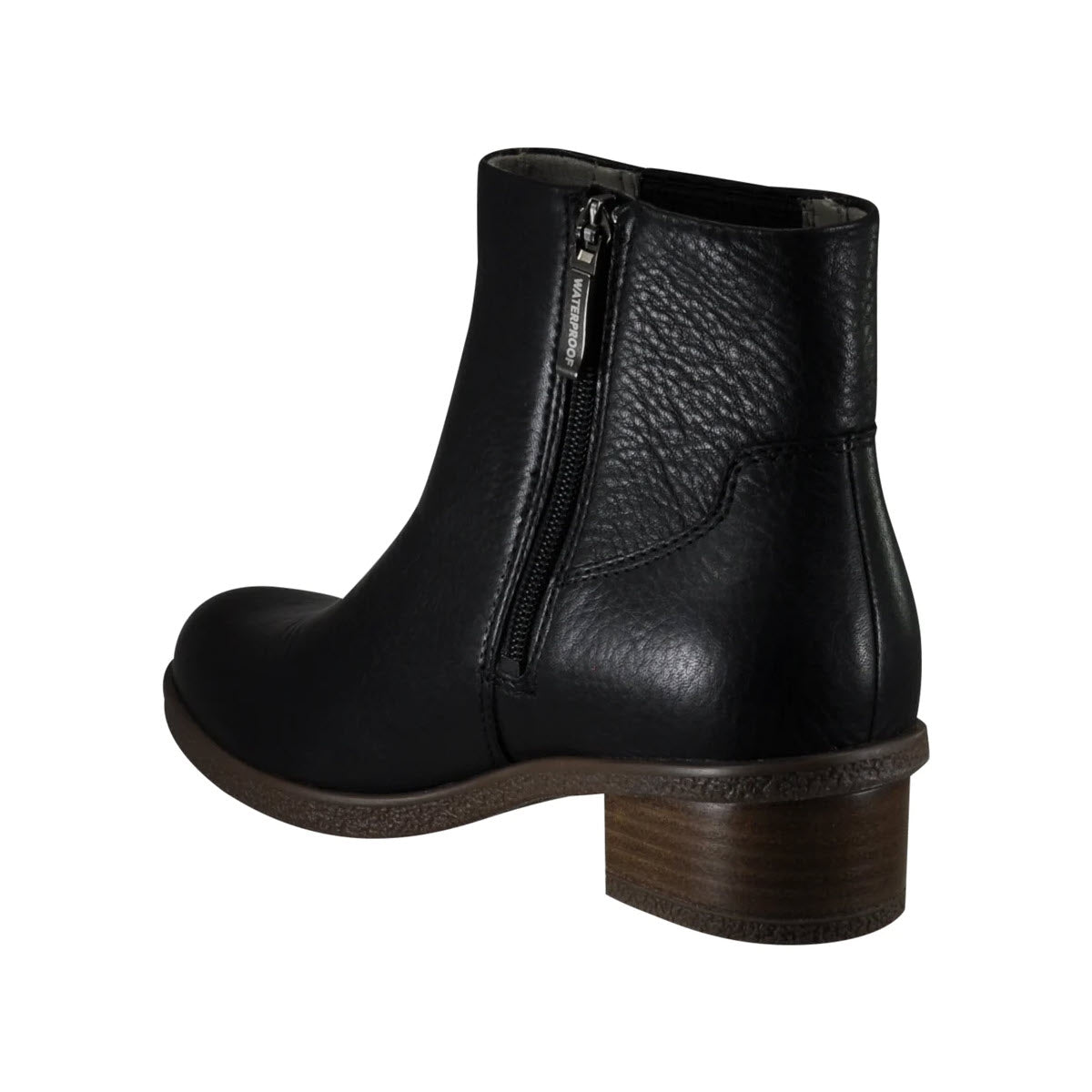 Dansko Daisie Black leather waterproof Chelsea boot with a side zipper and a low, stacked heel, isolated on a white background.