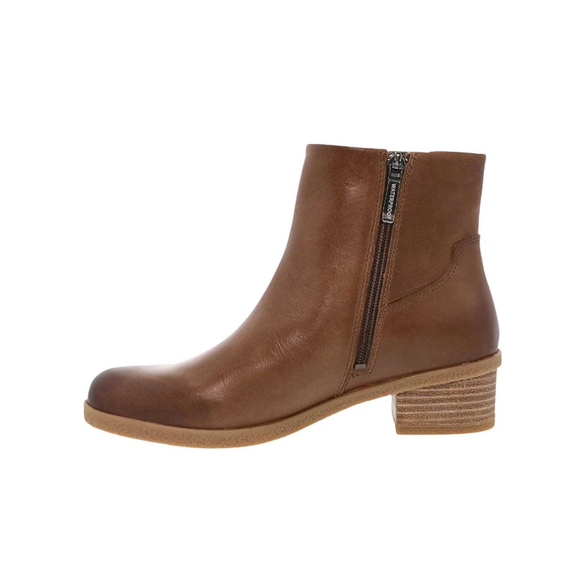 A Dansko Daisie Tan Burnished ankle boot with a side zipper and a low, stacked heel, featuring a leather-covered footbed, isolated on a white background.