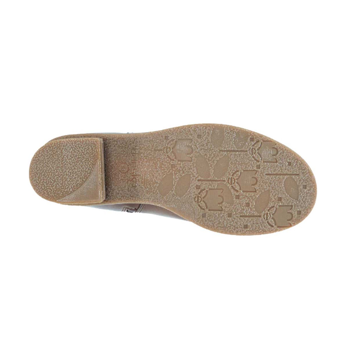 Bottom view of a waterproof Dansko Chelsea boot showcasing its textured sole patterned with various symbols.
