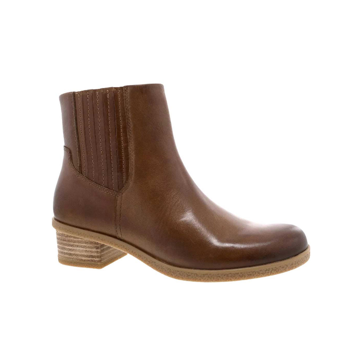 A single tan burnished leather Dansko Daisie ankle boot with elastic side panels and a low, wooden heel, isolated on a white background.