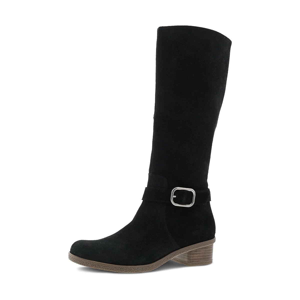 A Dansko Dalinda black suede knee-high boot with a small heel and a silver buckle detail, crafted from waterproof leathers, isolated on a white background.