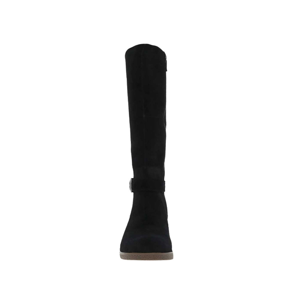 A Dansko Dalinda black suede knee-high boot displayed against a white background, viewed from the side, featuring waterproof leathers.