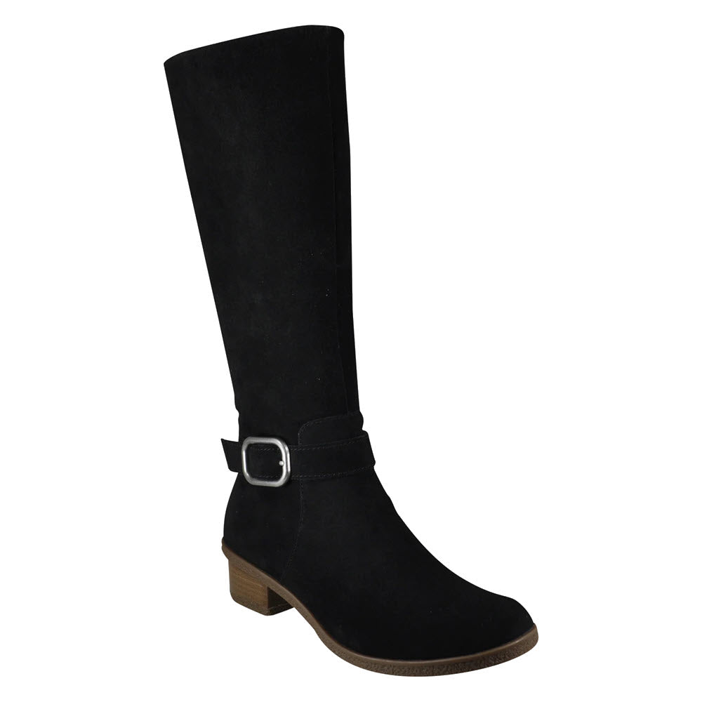 Dansko Dalinda black suede knee-high boot with a buckle on a white background, made from durable materials.