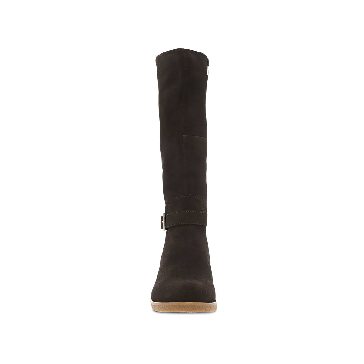 Side view of a tall black Dansko Dalinda Chocolate Suede boot with a small buckle on the ankle and a flat sole, isolated on a white background.