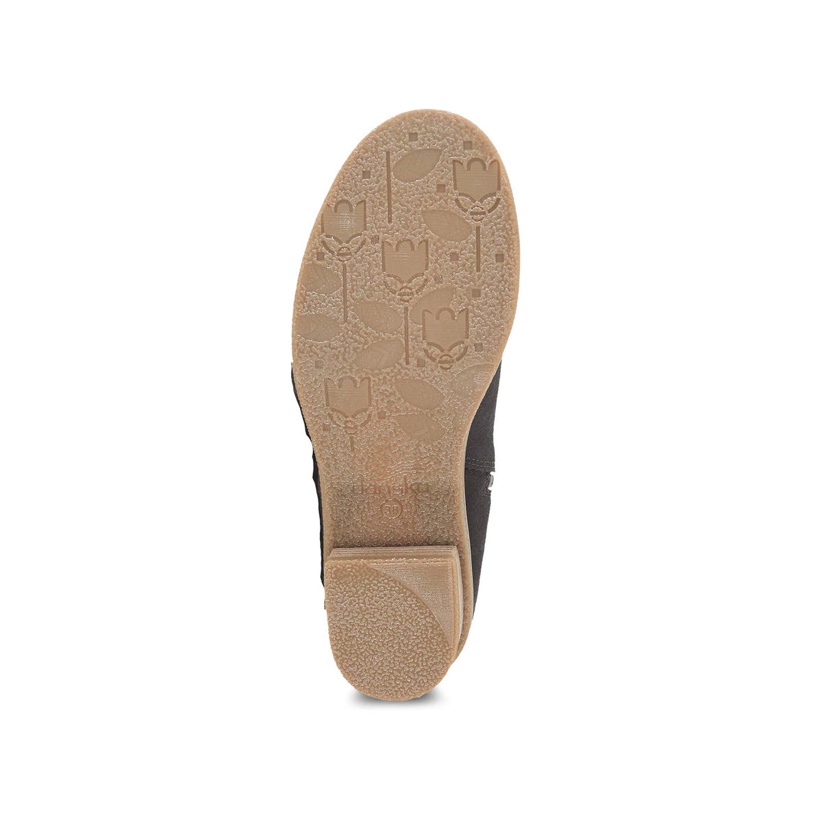 Bottom view of a Dansko Dalinda Chocolate Suede - Womens shoe sole with textured heart and logo patterns, displayed against a white background.