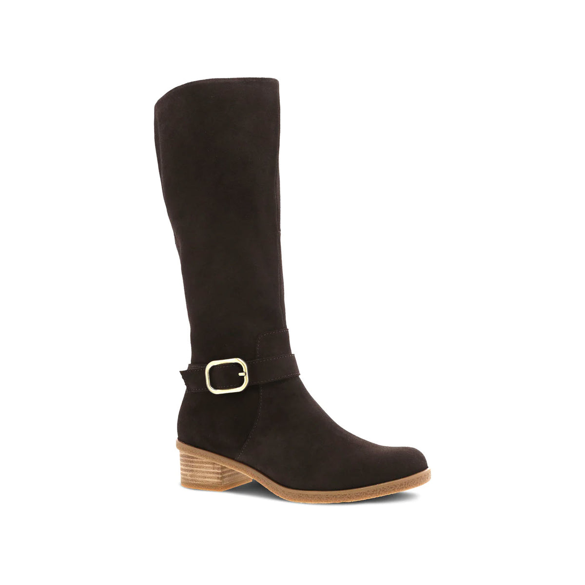 A black suede knee-high Dansko Dalinda boot with a small block heel and a decorative buckle on a white background.