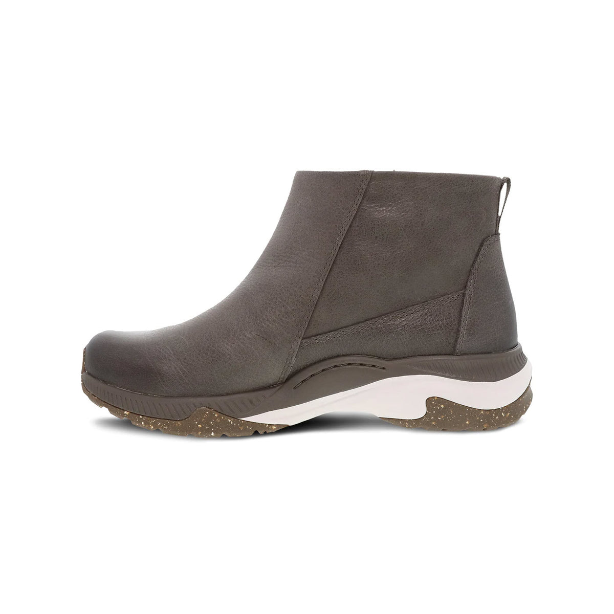 Side view of a gray ankle boot with a low heel and Vibram ECOSTEP sole, isolated on a white background - Dansko Margo Morel Burnished isolation.