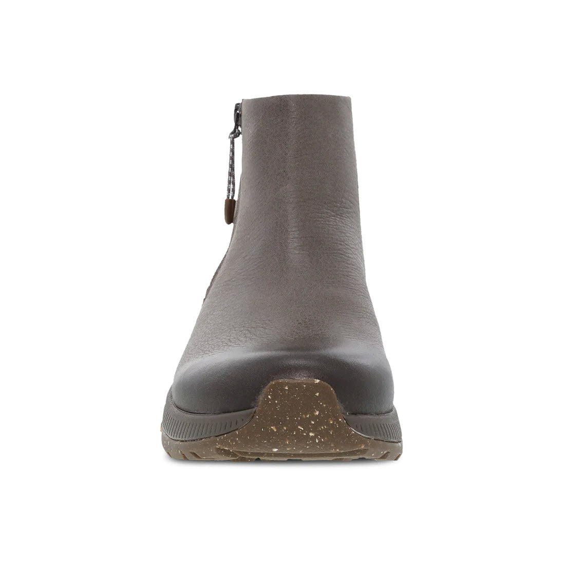 A gray waterproof leather ankle boot with an outdoor-inspired zipper, viewed from the front, featuring a black rubber sole with a speckled pattern - Dansko Margo Morel Burnished Women&#39;s.