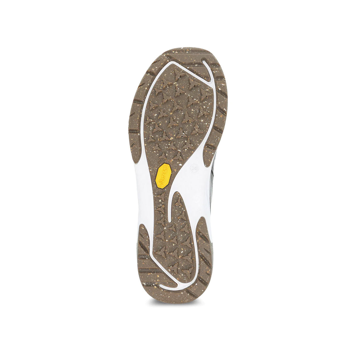 Sole of a white athletic shoe with transparent sections revealing brown speckled material, featuring a yellow oval detail and a Vibram ECOSTEP outsole, like the Dansko Margo Morel Burnished - Womens.