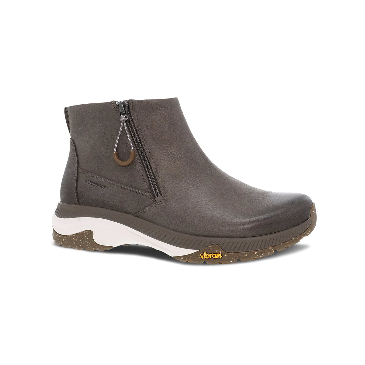 Dansko Margo Morel Burnished ankle boot with outdoor-inspired zipper and Vibram ECOSTEP sole isolated on a white background.