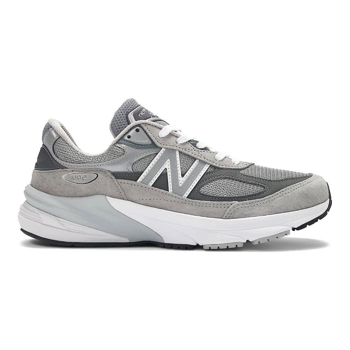 A New Balance 990 V6 Grey running shoe with a visible &quot;n&quot; logo on the side.