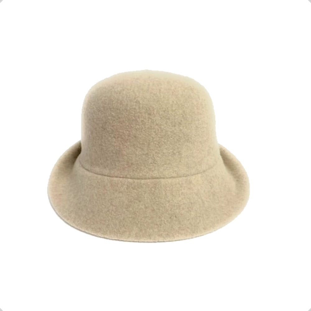 Beige SHIHREEN WOOL TURN BRIM CREAM cloche hat isolated on a white background by Shihreen Inc.