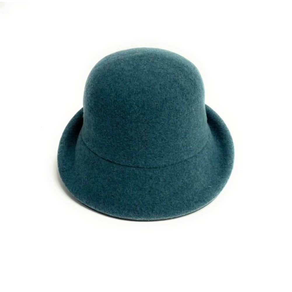 A SHIHREEN WOOL TURN BRIM TEAL bowler hat with an interior adjustable band, isolated on a white background.