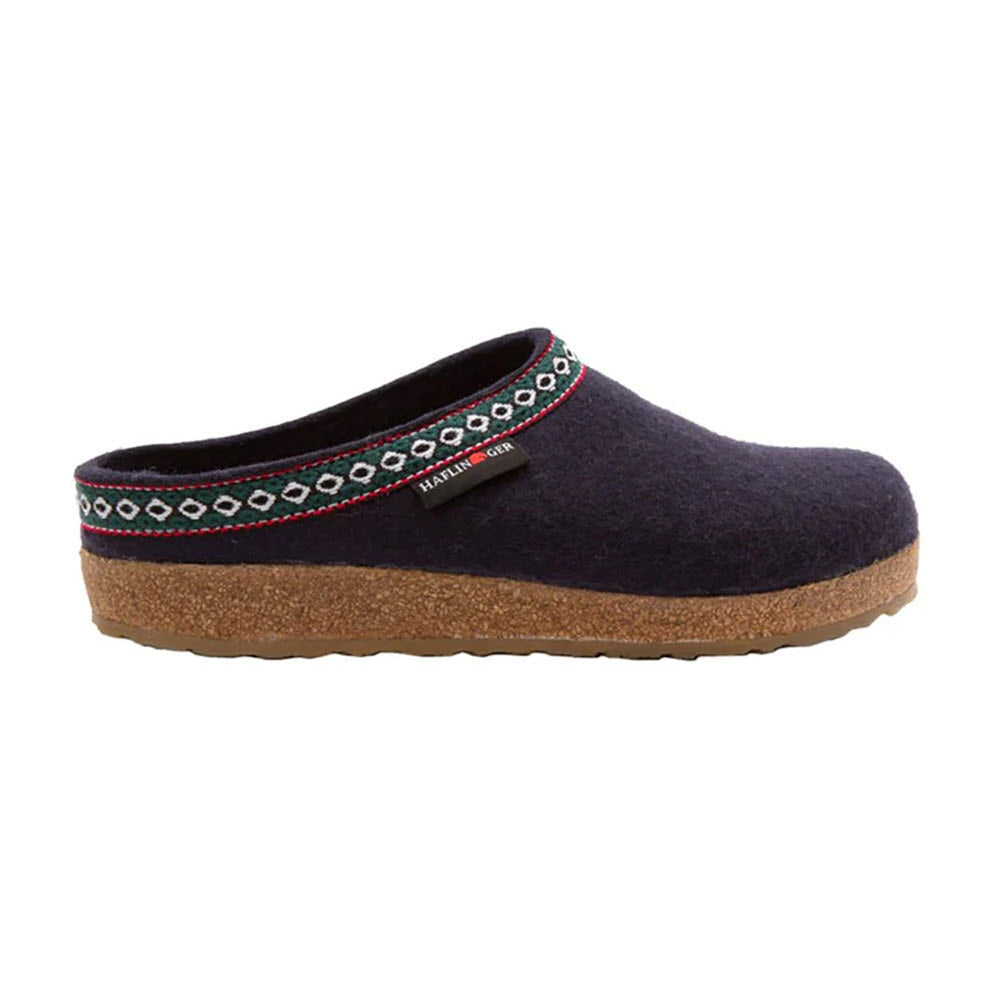 A single Haflingers GZ Navy clog with an embroidered band and anatomically correct footbed, isolated on a white background.