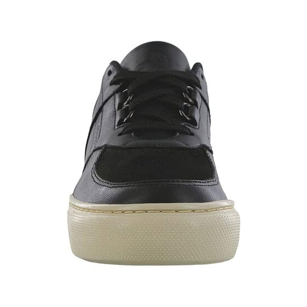 Front view of a SAS High Street Oxford Black Ash - Mens sneaker with white soles and laces, isolated on a white background.