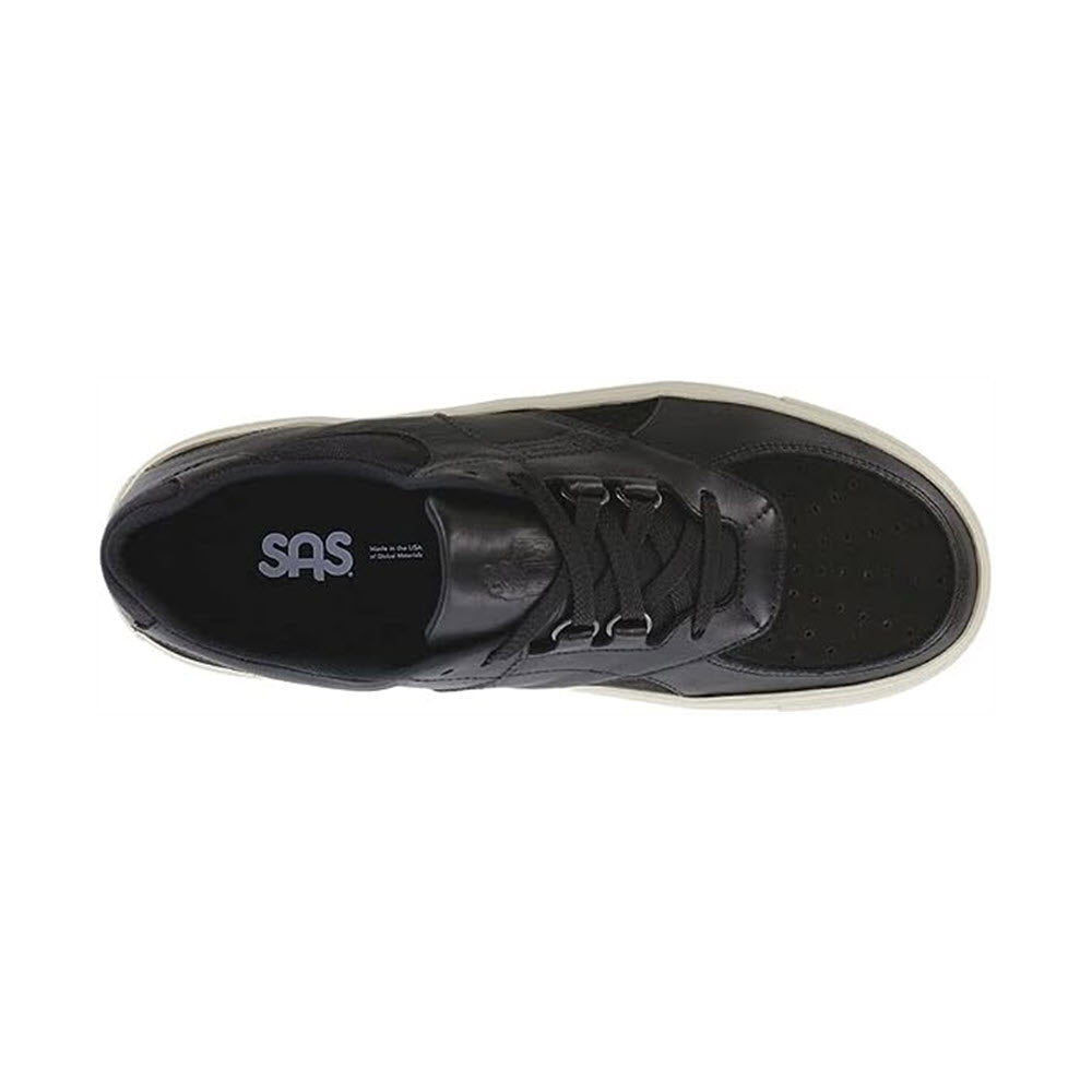 Top view of a single black SAS High Street Oxford sneaker with removable cushioned footbed and laces on a white background.