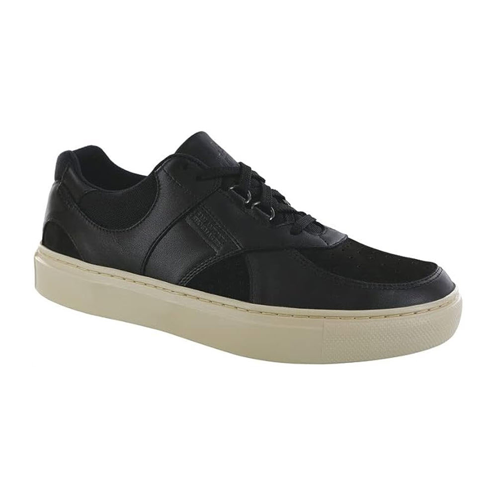 SAS black leather sneaker with a removable cushioned footbed and a contrasting beige sole, displayed on a plain white background.
