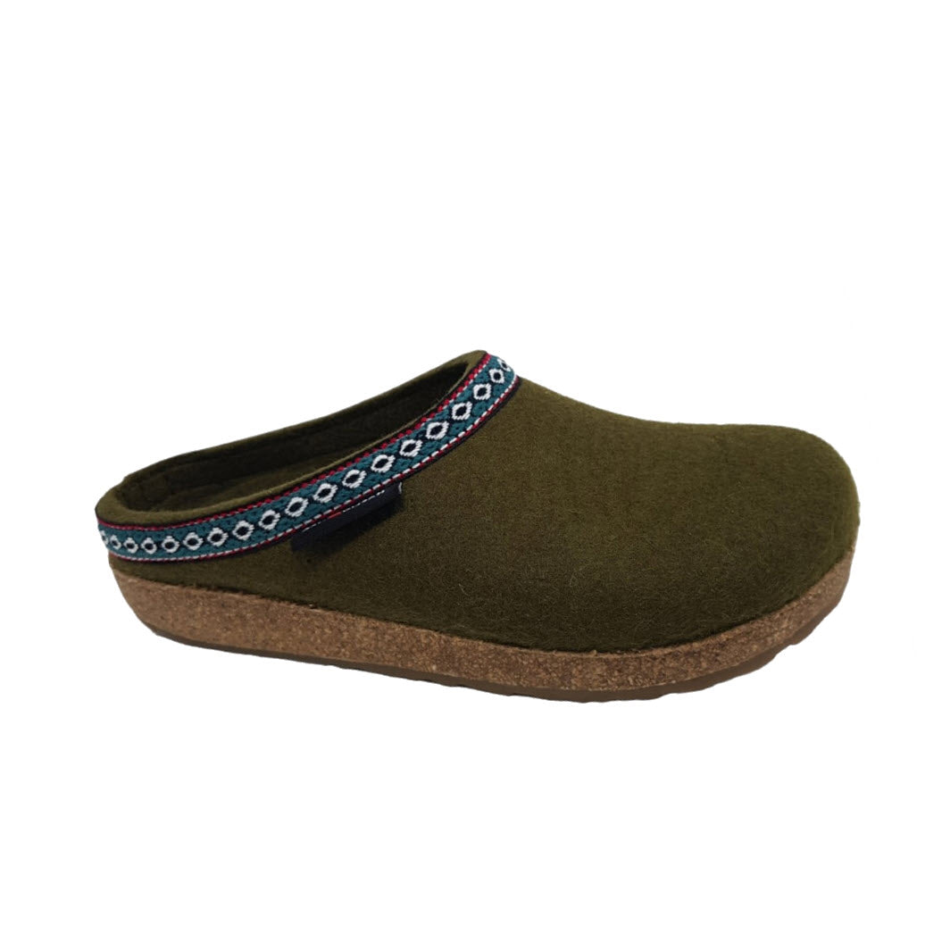 A single olive green Haflingers GZ clog with a decorative blue and red patterned band, set against a white background.