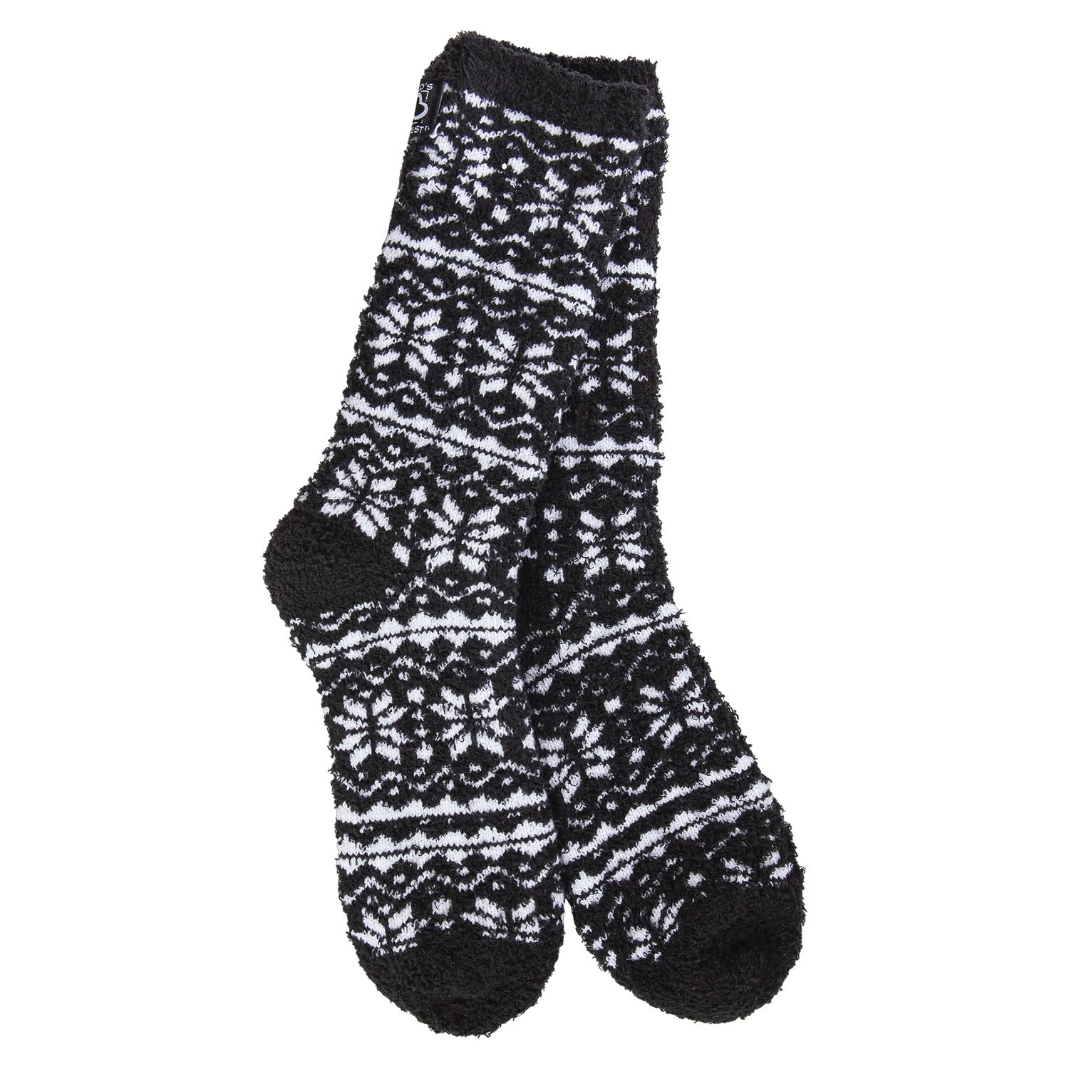 A pair of Worlds Softest Cozy Winter Crew Socks in Fair Isle Black, displayed on a white background.