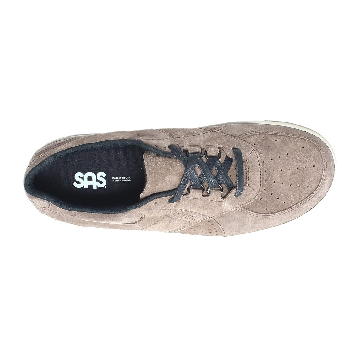 Top view of a single beige perforated leather sneaker with black laces and a logo reading &quot;SAS&quot; on the insole.