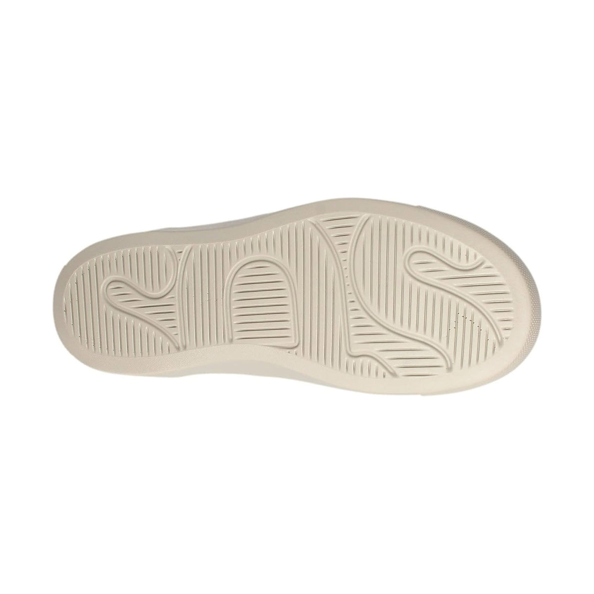 Sole of a SAS High Street Oxford Almond - Mens sneaker displayed against a white background, showcasing intricate tread patterns and a removable cushioned footbed designed for classic comfort.