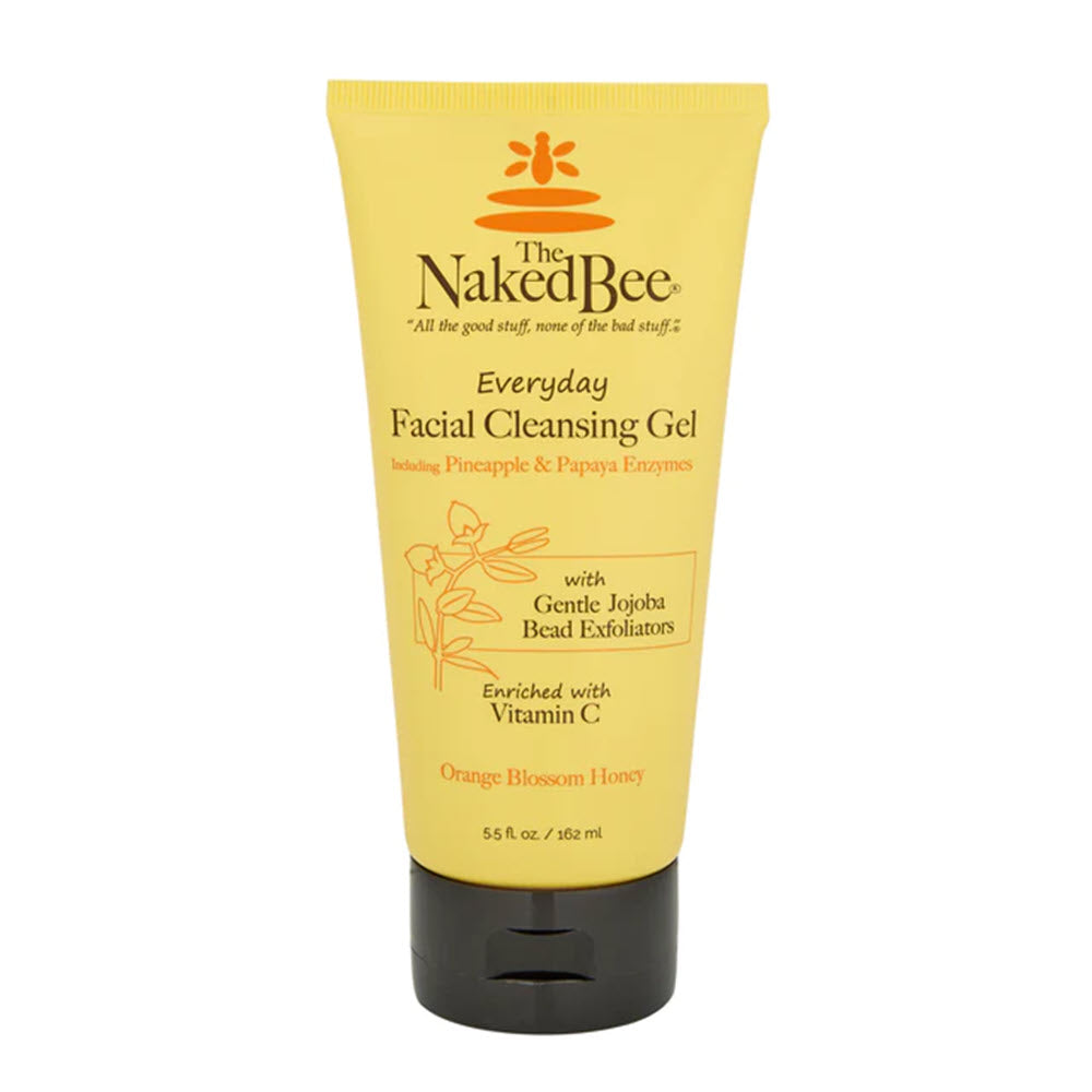 Tube of the Naked Bee Facial Cleansing Gel with Pineapple & Papaya Enzymes, gentle Jojoba beads exfoliators, and vitamin c; labeled orange blossom honey.