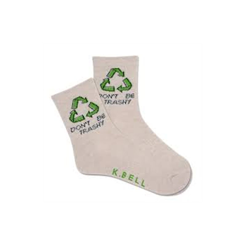 A pair of light grey K. Bell Socks statement socks with green recycle symbols and the text "don't be trashy" printed on them, featuring a super smooth toe seam for added comfort.