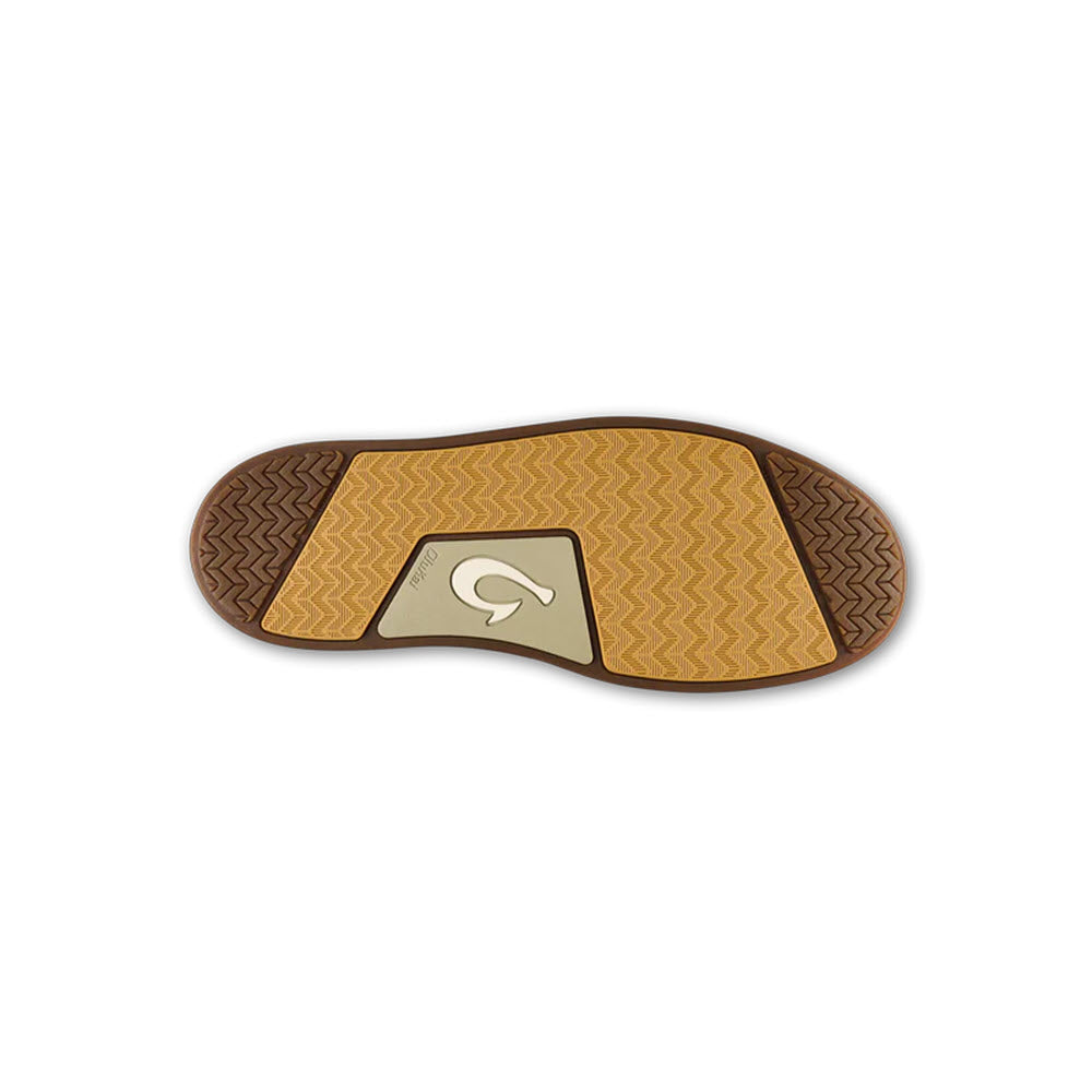 An isolated image of the sole of an Olukai Papaku Ili Lace Boot Mustang - Men&#39;s, with a distinct tread pattern in brown and beige colors, featuring the Olukai logo in the middle.