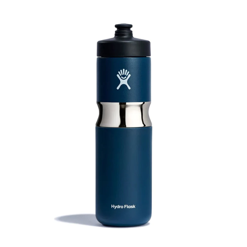 Blue Hydro Flask 20oz Wide Mouth Insulated Sport Bottle with a logo featuring a white handprint, centered against a plain background.