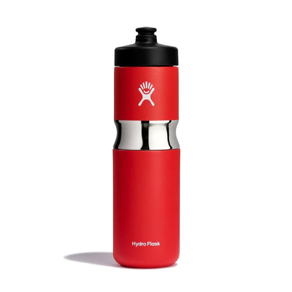 HYDROFLASK 20OZ Wide Mouth Insulated Sport Bottle with silver accents and a white logo, isolated on a white background.