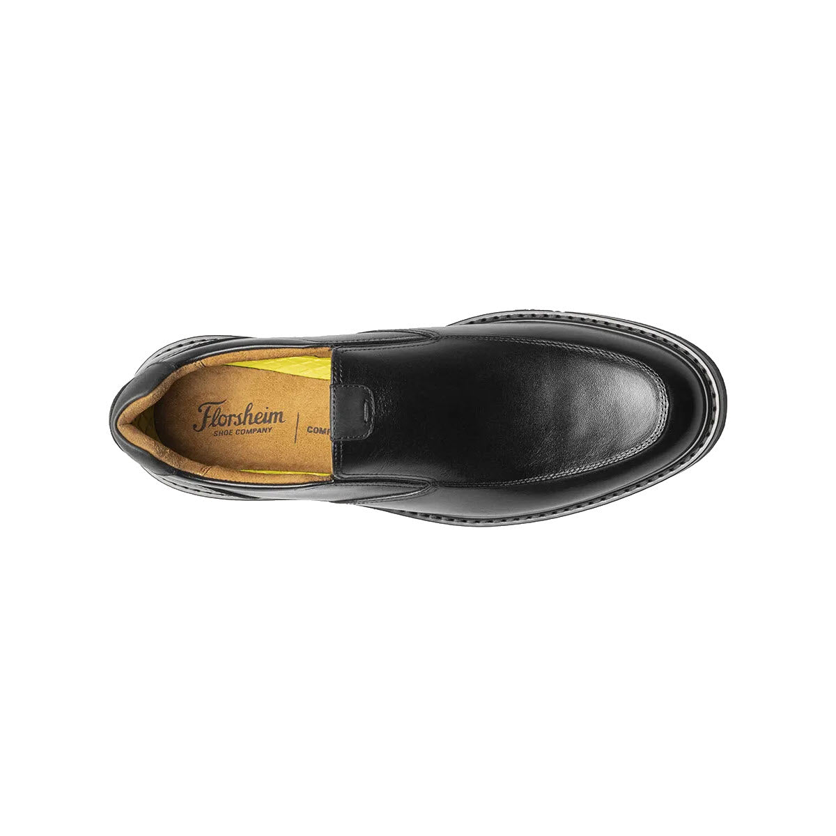 Top view of a black leather FLORSHEIM NORWALK MOC TOE SLIP ON BLACK - MENS loafer with visible Florsheim brand name on the insole.