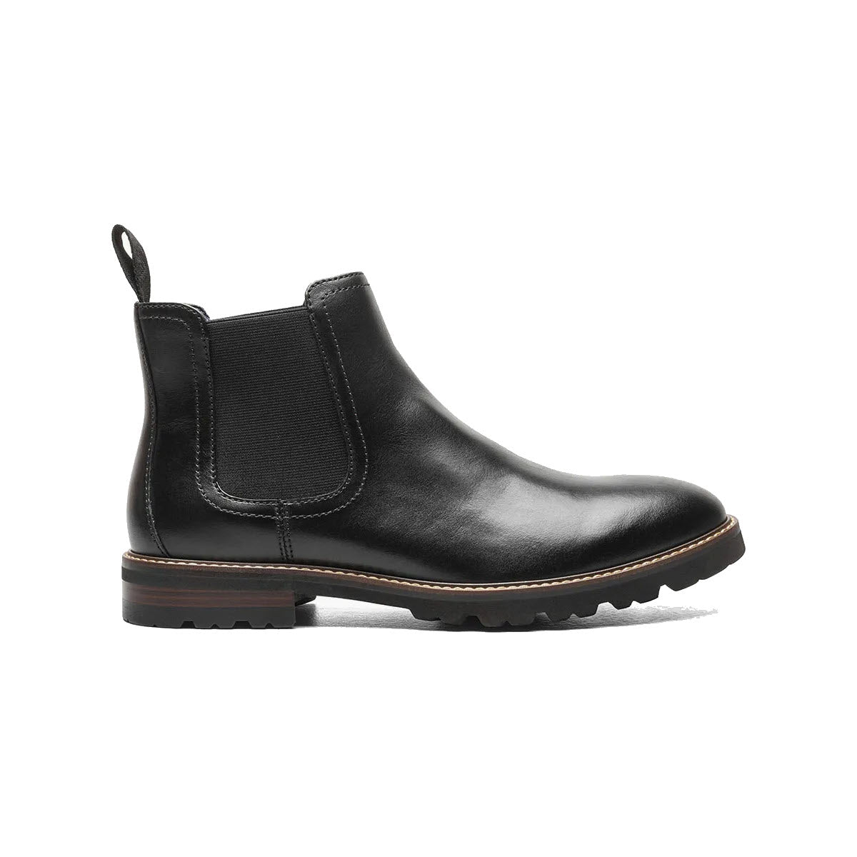 Florsheim RENEGADE PLAIN TOE GORE BOOT BLK SMOOTH with elastic side panels and a pull tab, displayed on a white background.
