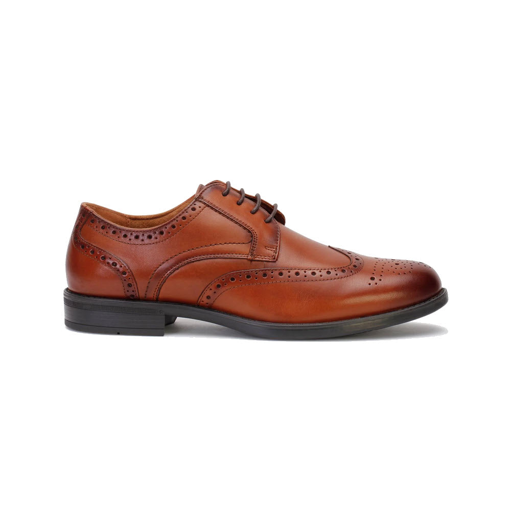 A brown leather Florsheim Midtown Wingtip oxford shoe with brogue detailing and laces, isolated on a white background.