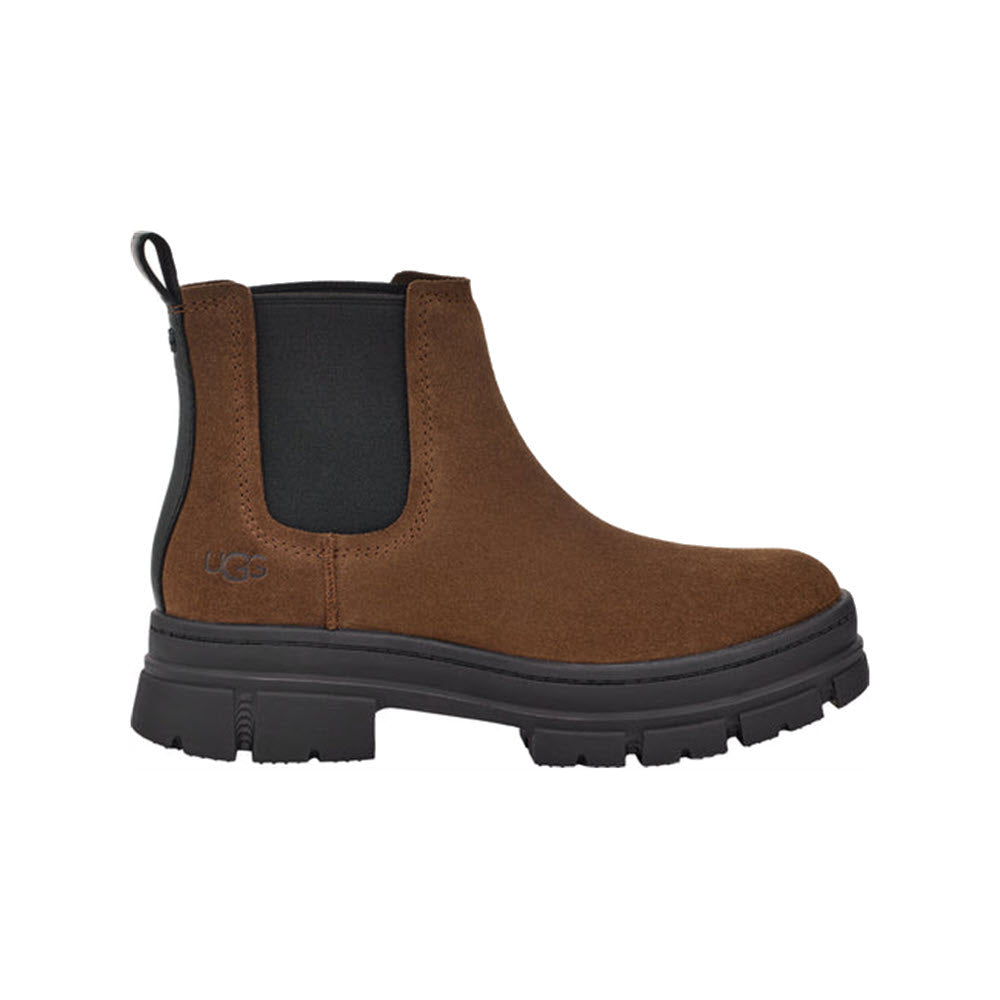 A brown Ugg brand ASHTON CHELSEA boot with elastic side panels and a black rubber sole, featuring waterproof leather and isolated on a white background.