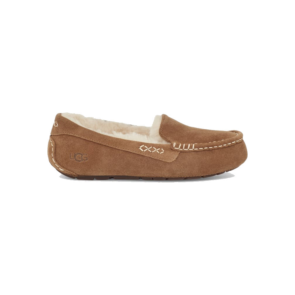 Brown suede UGG Ansley slipper with a wool interior and stitched detailing, displayed against a white background.