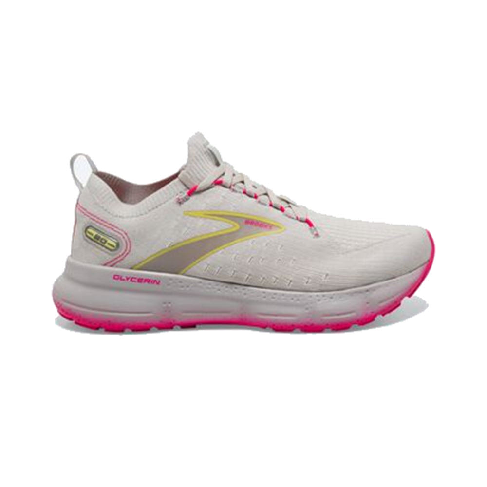 A single Brooks Glycerin StealthFit 20 grey and pink cushioned running shoe with a yellow logo on display against a plain background.