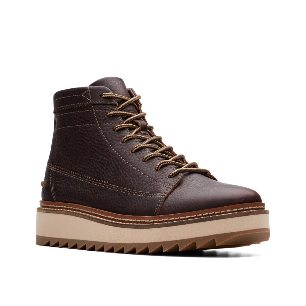 Dark brown leather Clarks Clarkhill Hi boot with a thick rubber sole, isolated on a white background.