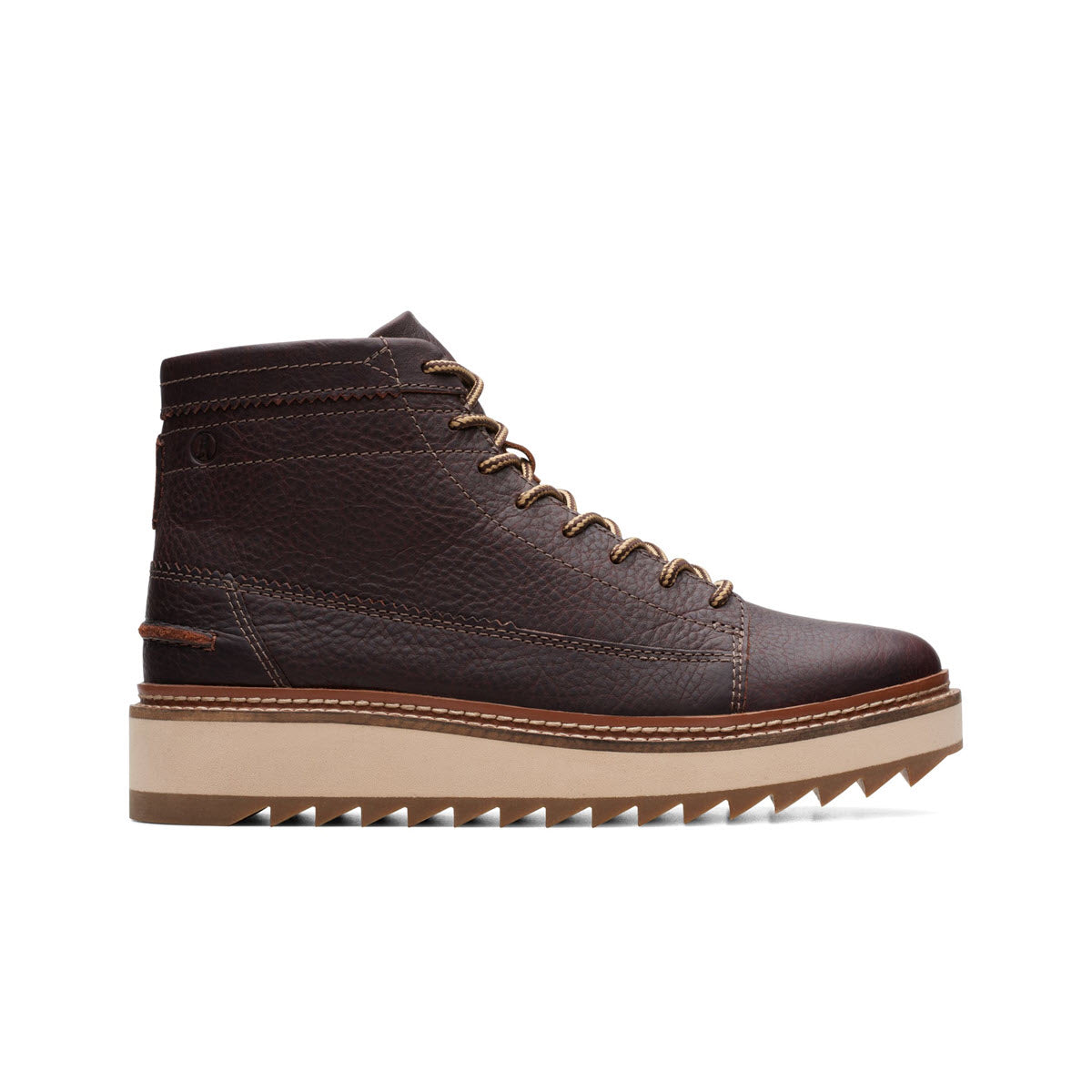 A Clarks Clarkhill Hi Boot in dark brown leather with lace-up front and a thick, ridged rubber outsole, shown in profile against a white background.