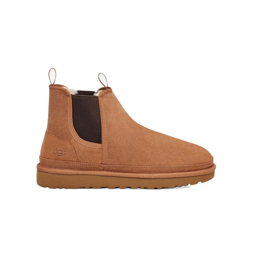 A tan UGG Neumel Insulated Chelsea Chestnut boot with a plush lining and a thick rubber sole, shown against a white background.